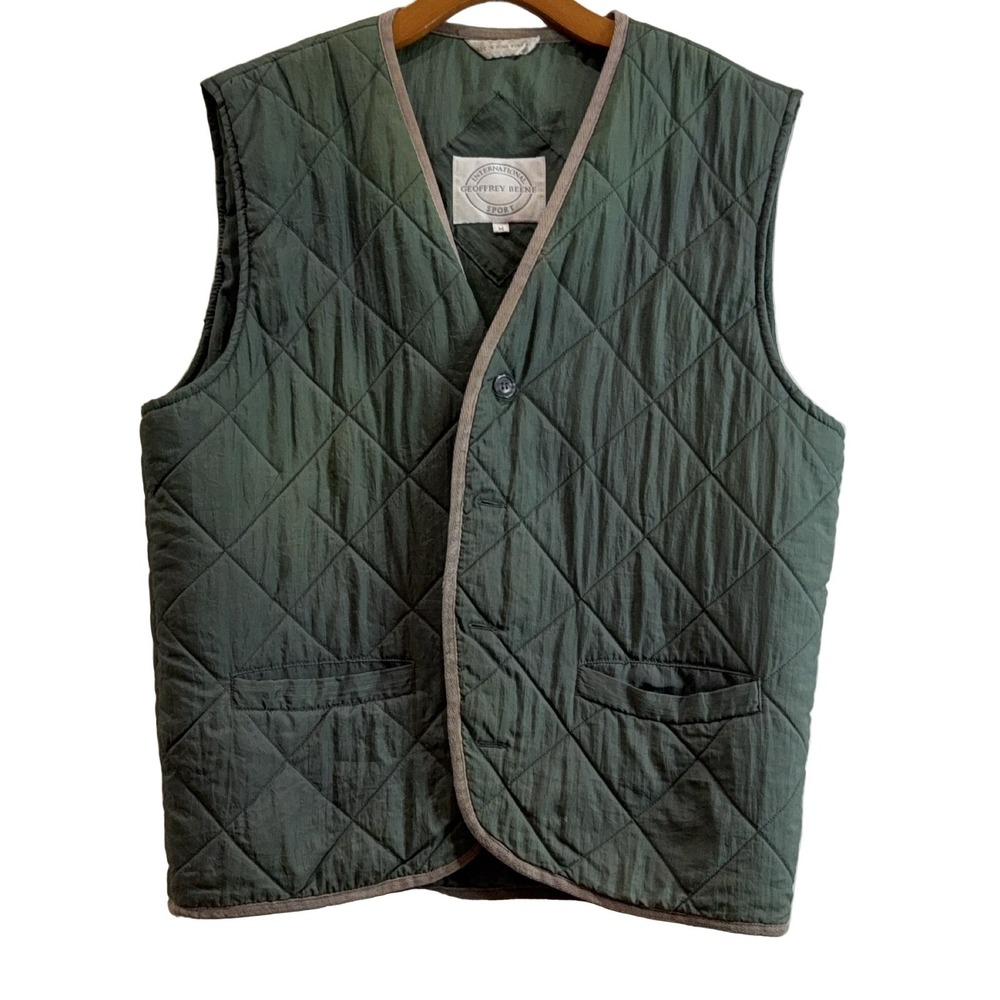 Geoffrey Beene International Sport Vest M Dark Green Quilted Button Nylon